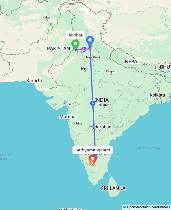 Route map showing distance and travel time from Abohar, India to Sathyamangalam, India