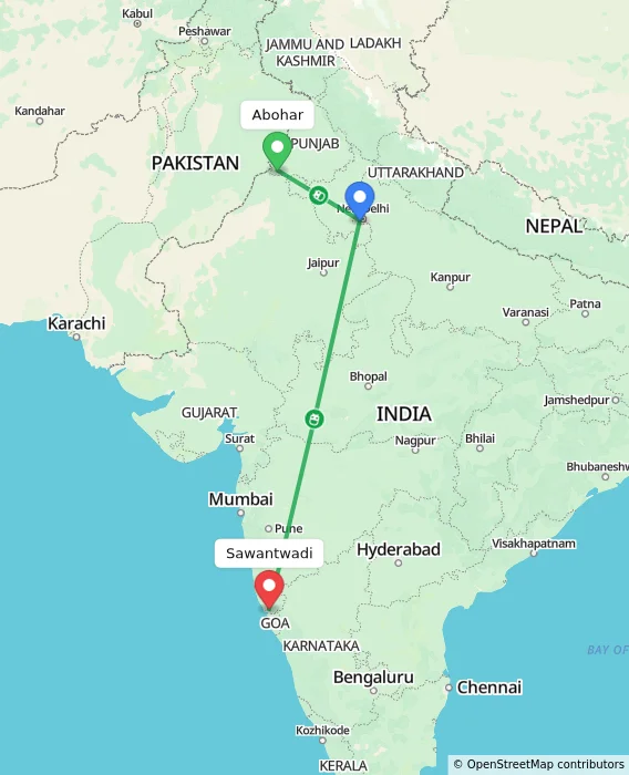 Route map showing distance and travel time from Abohar, India to Sawantwadi, India