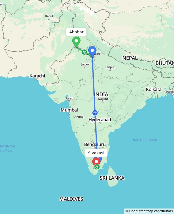 Route map showing distance and travel time from Abohar, India to Sivakasi, India