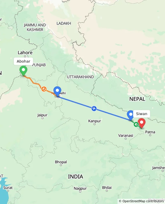 Route map showing distance and travel time from Abohar, India to Siwan, India