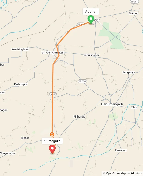 Route map showing distance and travel time from Abohar, India to Suratgarh, India