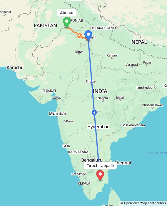 Route map showing distance and travel time from Abohar, India to Tiruchirappalli, India