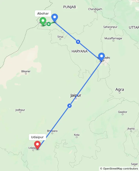 Route map showing distance and travel time from Abohar, India to Udaipur, India
