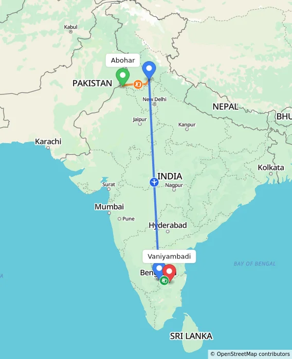Route map showing distance and travel time from Abohar, India to Vaniyambadi, India