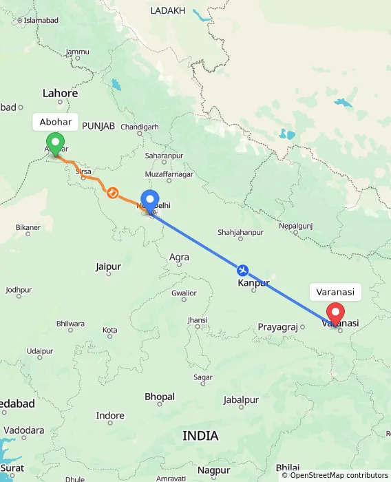 Route map showing distance and travel time from Abohar, India to Varanasi, India