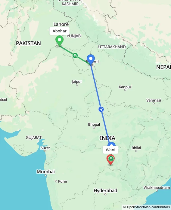 Route map showing distance and travel time from Abohar, India to Wani, India