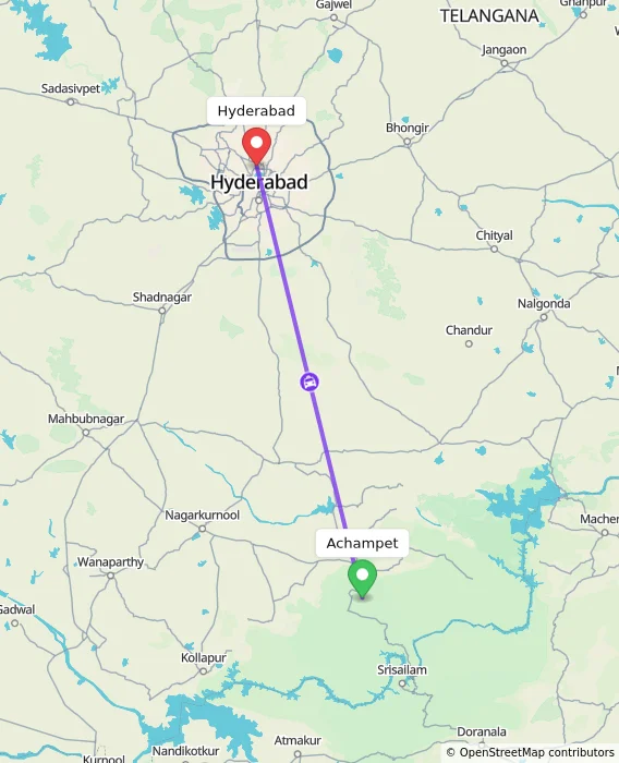 Route map showing distance and travel time from Achampet, India to Hyderabad, India