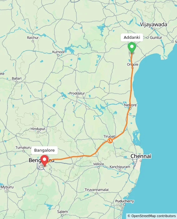 Route map showing distance and travel time from Addanki, India to Bangalore, India