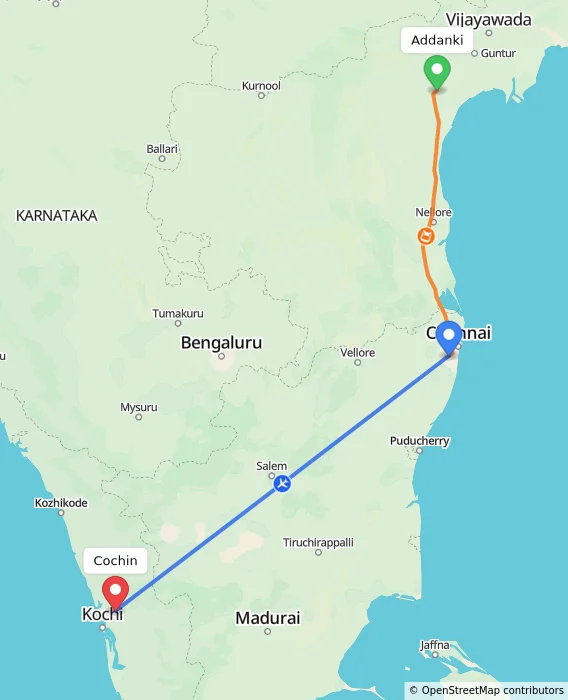 Route map showing distance and travel time from Addanki, India to Cochin, India