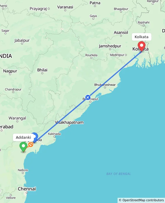 Route map showing distance and travel time from Addanki, India to Kolkata, India