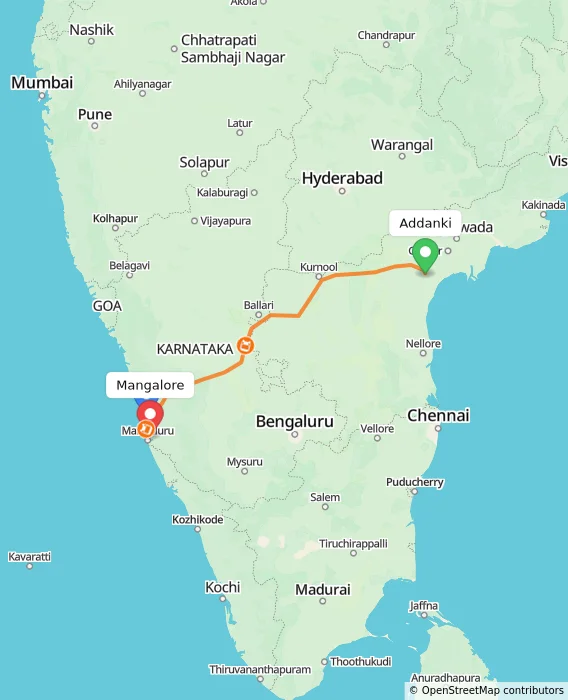 Route map showing distance and travel time from Addanki, India to Mangalore, India