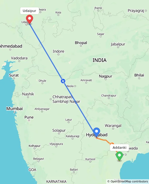Route map showing distance and travel time from Addanki, India to Udaipur, India