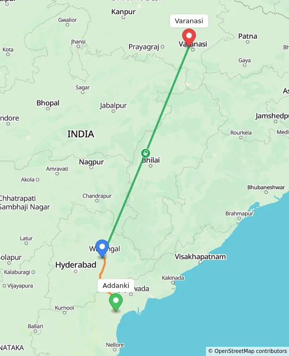 Route map showing distance and travel time from Addanki, India to Varanasi, India
