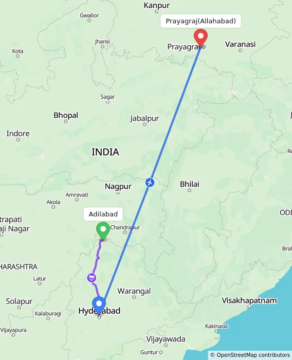 Route map showing distance and travel time from Adilabad, India to Allahabad, India