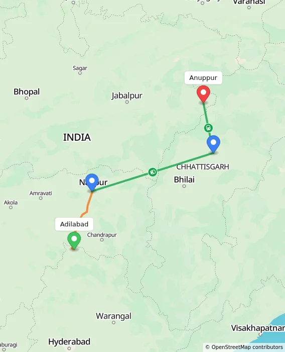 Route map showing distance and travel time from Adilabad, India to Anuppur, India