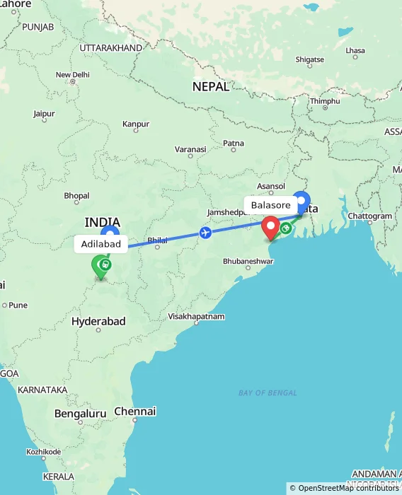 Route map showing distance and travel time from Adilabad, India to Balasore, India