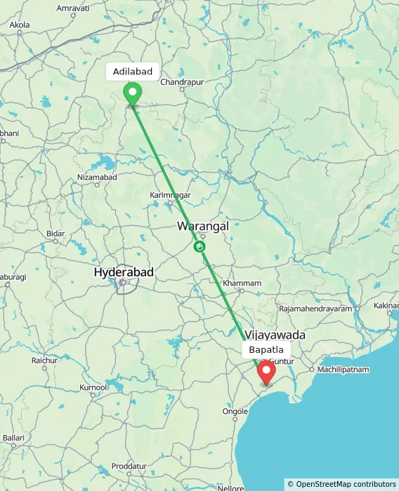 Route map showing distance and travel time from Adilabad, India to Bapatla, India