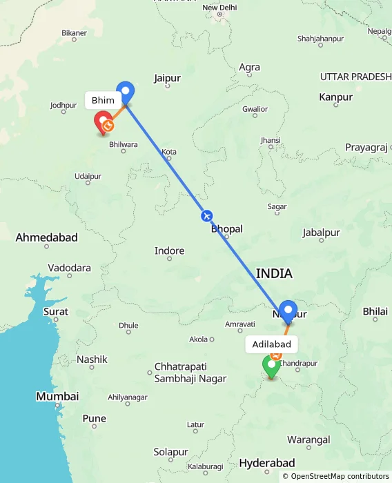 Route map showing distance and travel time from Adilabad, India to Bhim, India