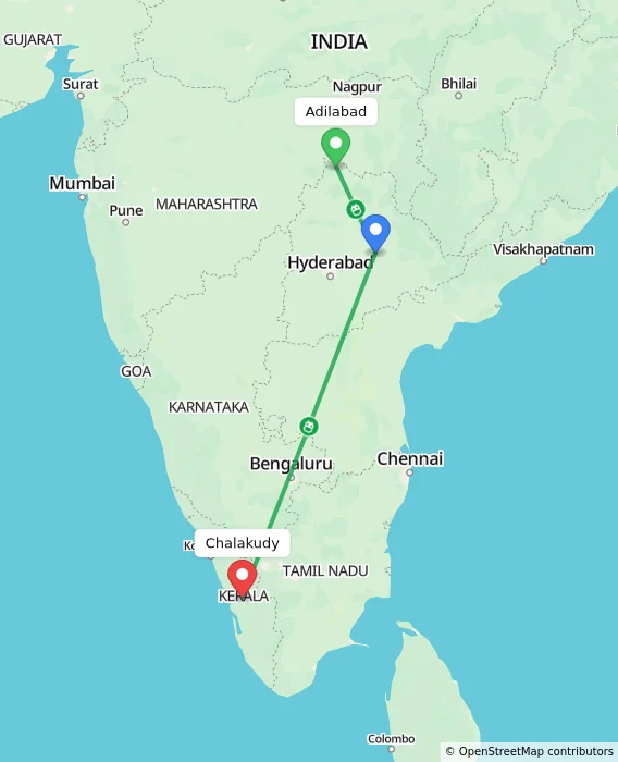 Route map showing distance and travel time from Adilabad, India to Chalakudy, India