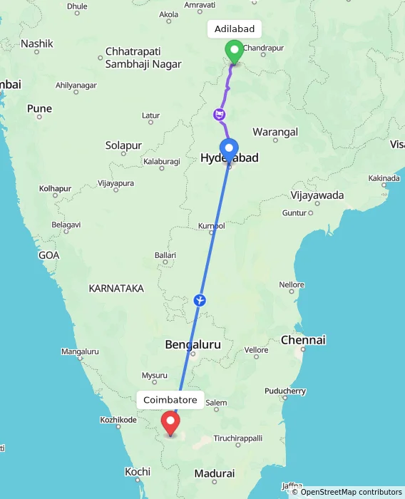 Route map showing distance and travel time from Adilabad, India to Coimbatore, India