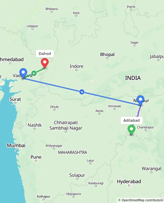 Route map showing distance and travel time from Adilabad, India to Dahod, India