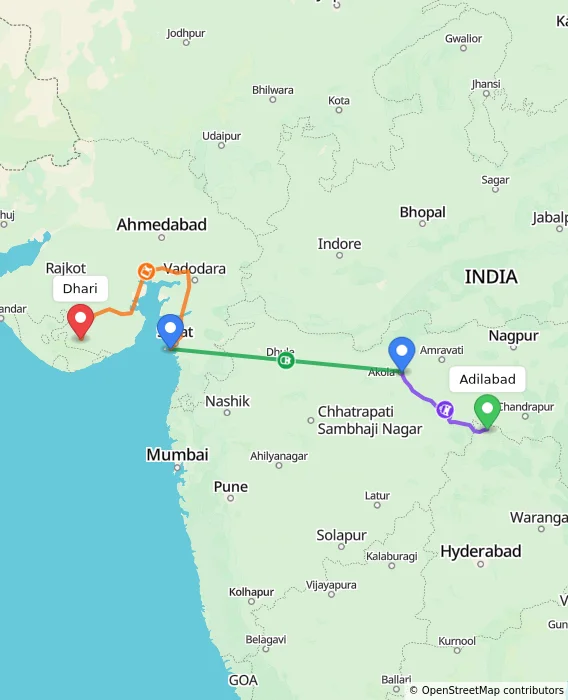 Route map showing distance and travel time from Adilabad, India to Dhari, India