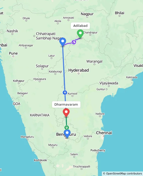Route map showing distance and travel time from Adilabad, India to Dharmavaram, India