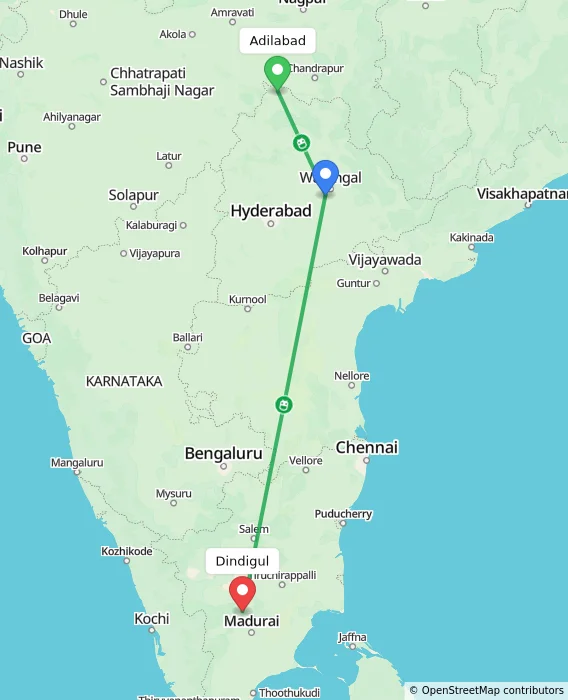 Route map showing distance and travel time from Adilabad, India to Dindigul, India