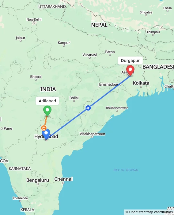Route map showing distance and travel time from Adilabad, India to Durgapur, India