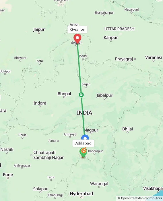 Route map showing distance and travel time from Adilabad, India to Gwalior, India