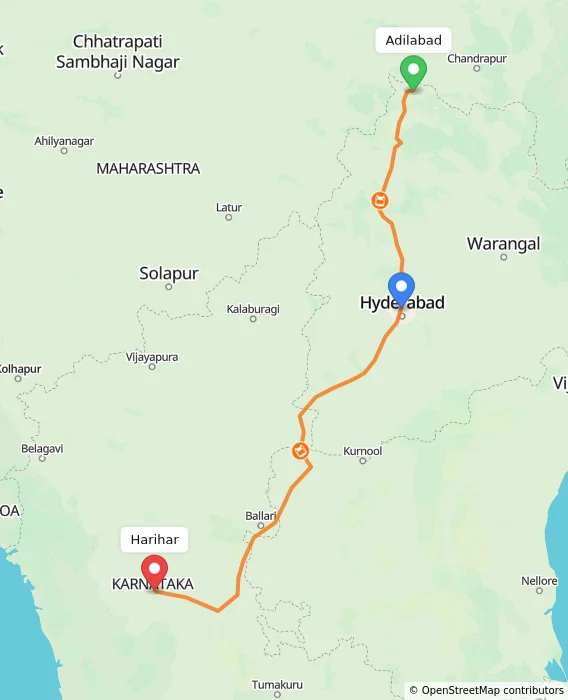 Route map showing distance and travel time from Adilabad, India to Harihar, India