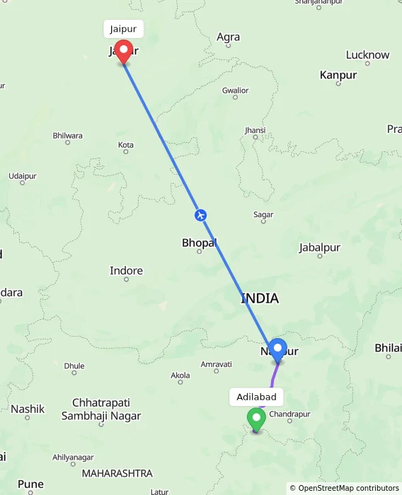 Route map showing distance and travel time from Adilabad, India to Jaipur, India