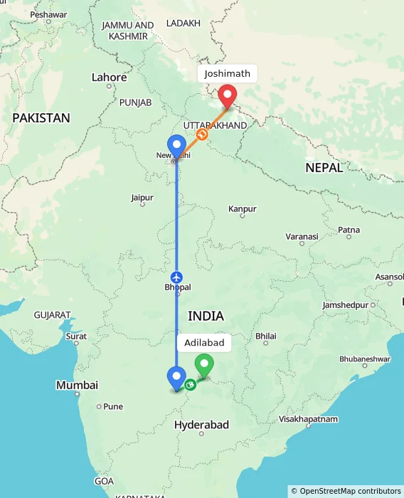 Route map showing distance and travel time from Adilabad, India to Joshimath, India