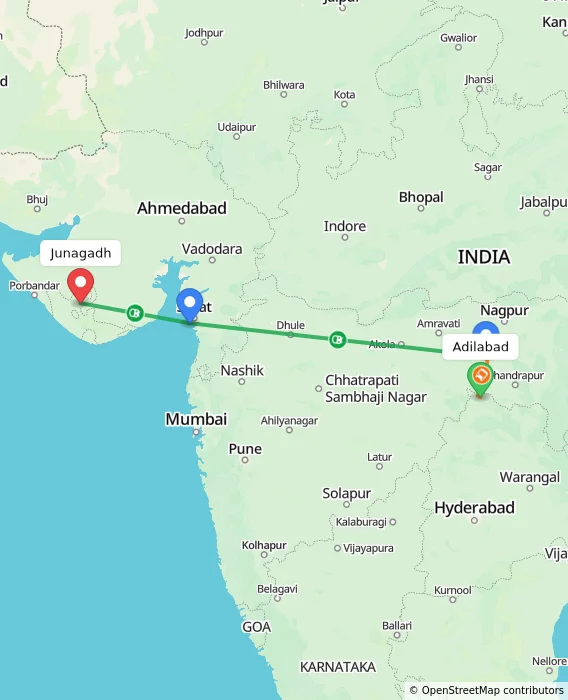 Route map showing distance and travel time from Adilabad, India to Junagadh, India