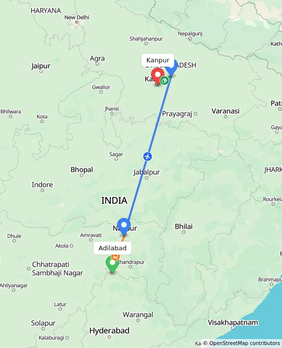 Route map showing distance and travel time from Adilabad, India to Kanpur, India