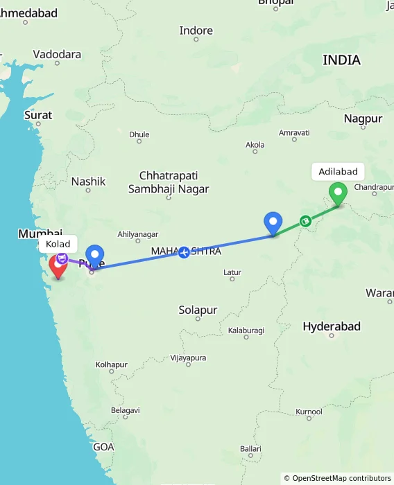 Route map showing distance and travel time from Adilabad, India to Kolad, India