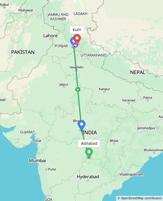 Route map showing distance and travel time from Adilabad, India to Kufri, India