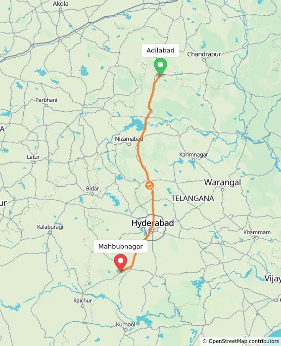 Route map showing distance and travel time from Adilabad, India to Mahbubnagar, India