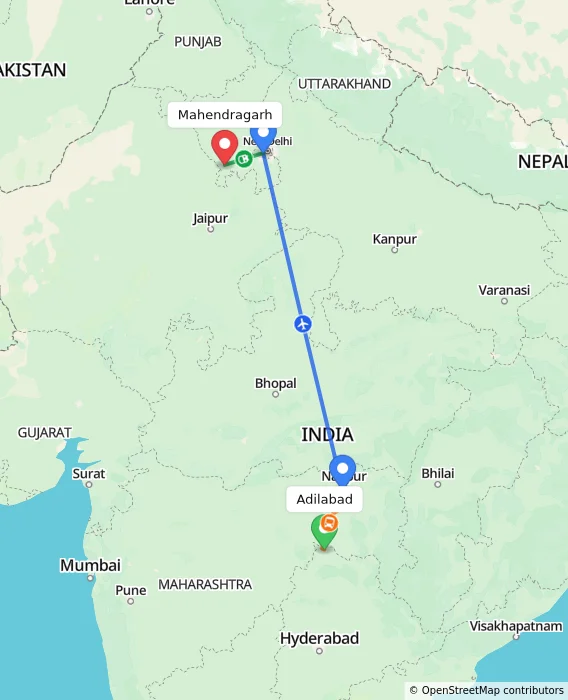 Route map showing distance and travel time from Adilabad, India to Mahendragarh, India