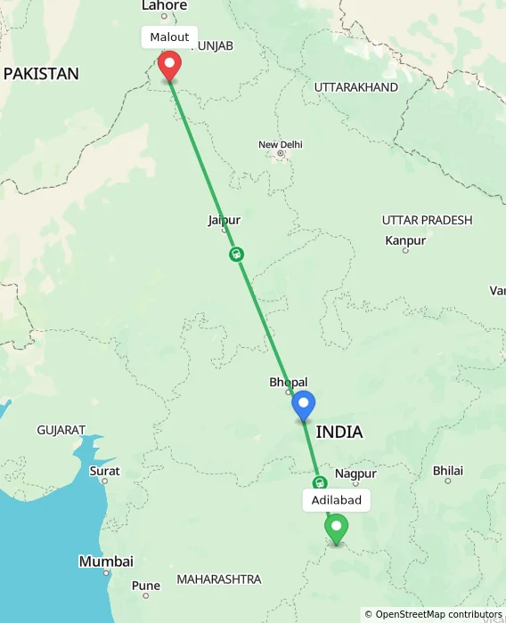 Route map showing distance and travel time from Adilabad, India to Malout, India