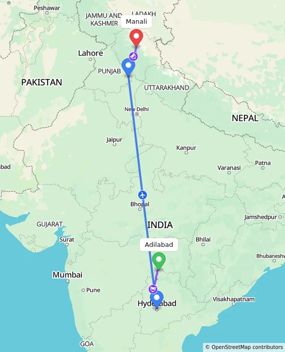 Route map showing distance and travel time from Adilabad, India to Manali, India