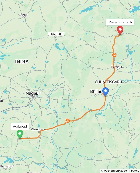 Route map showing distance and travel time from Adilabad, India to Manendragarh, India