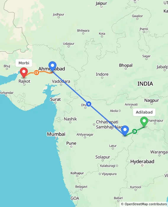 Route map showing distance and travel time from Adilabad, India to Morbi, India