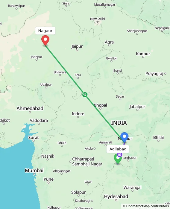 Route map showing distance and travel time from Adilabad, India to Nagaur, India