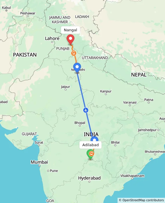 Route map showing distance and travel time from Adilabad, India to Nangal, India