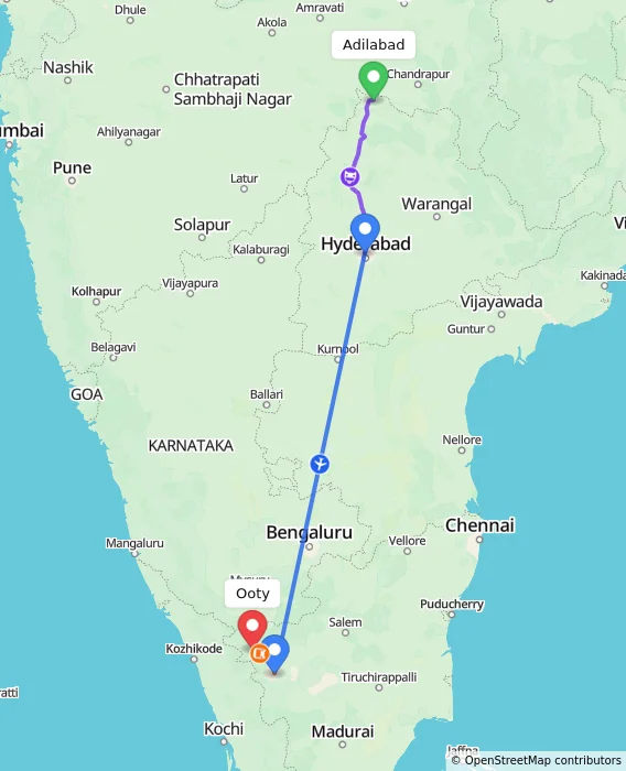 Route map showing distance and travel time from Adilabad, India to Ooty, India