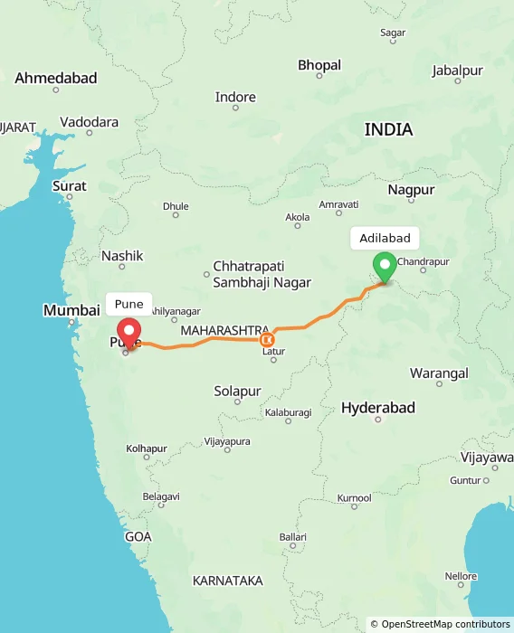 Route map showing distance and travel time from Adilabad, India to Pune, India
