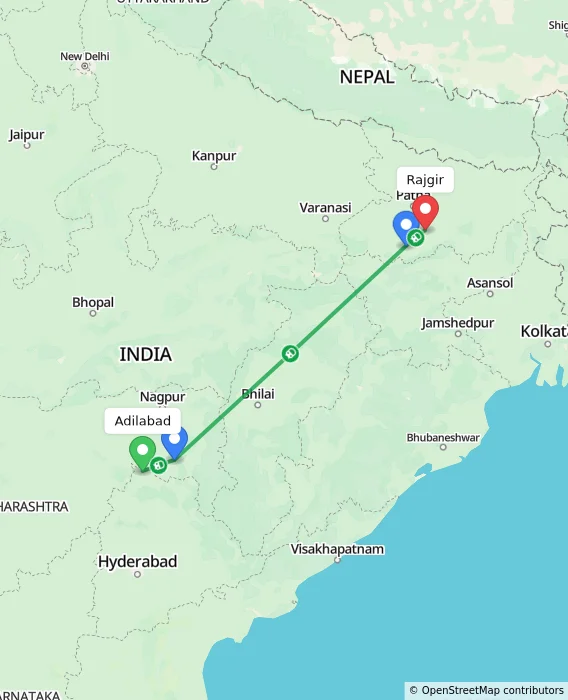 Route map showing distance and travel time from Adilabad, India to Rajgir, India