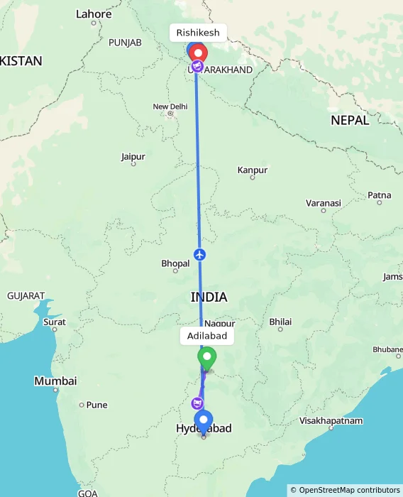 Route map showing distance and travel time from Adilabad, India to Rishikesh, India