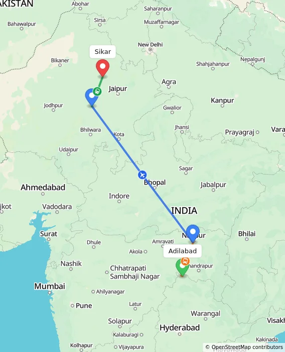 Route map showing distance and travel time from Adilabad, India to Sikar, India